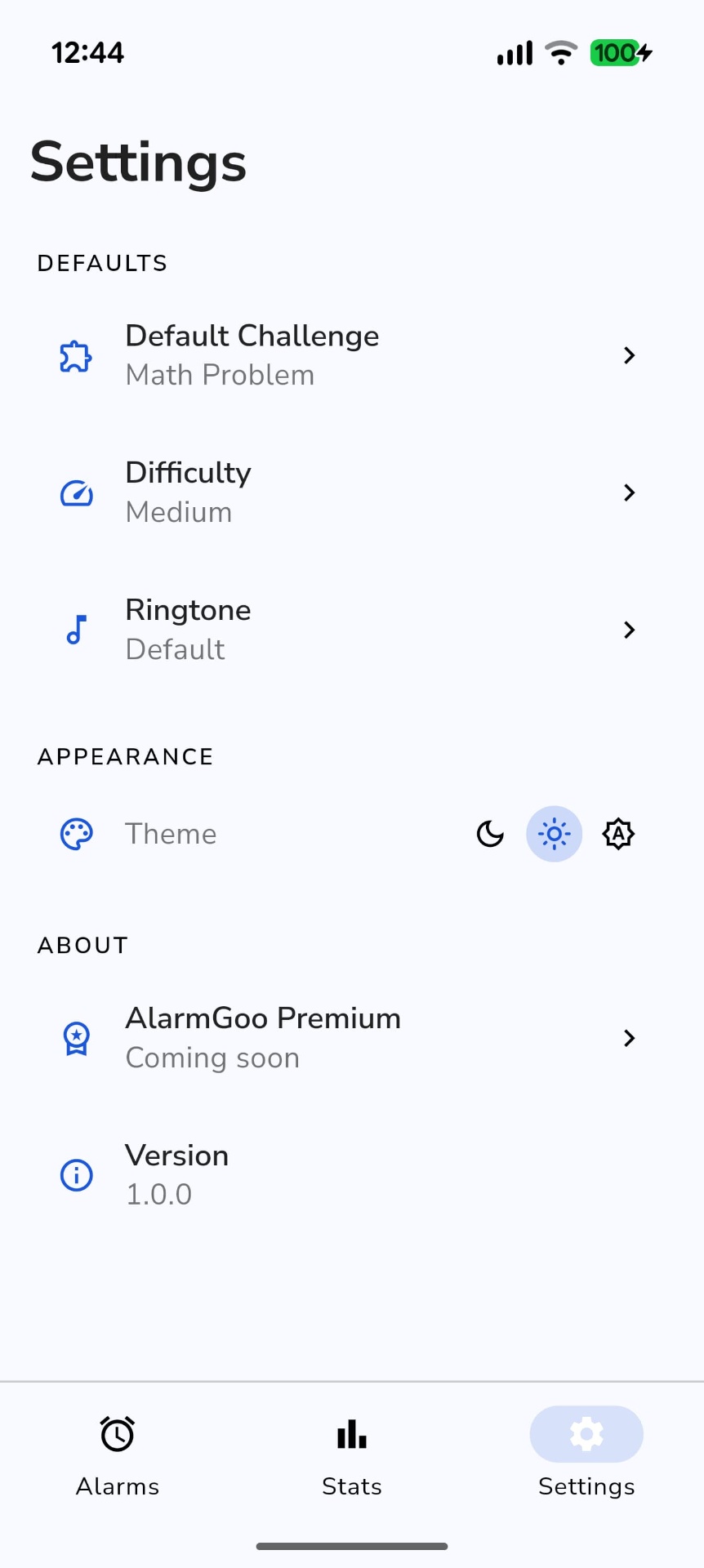 AlarmGoo settings screen